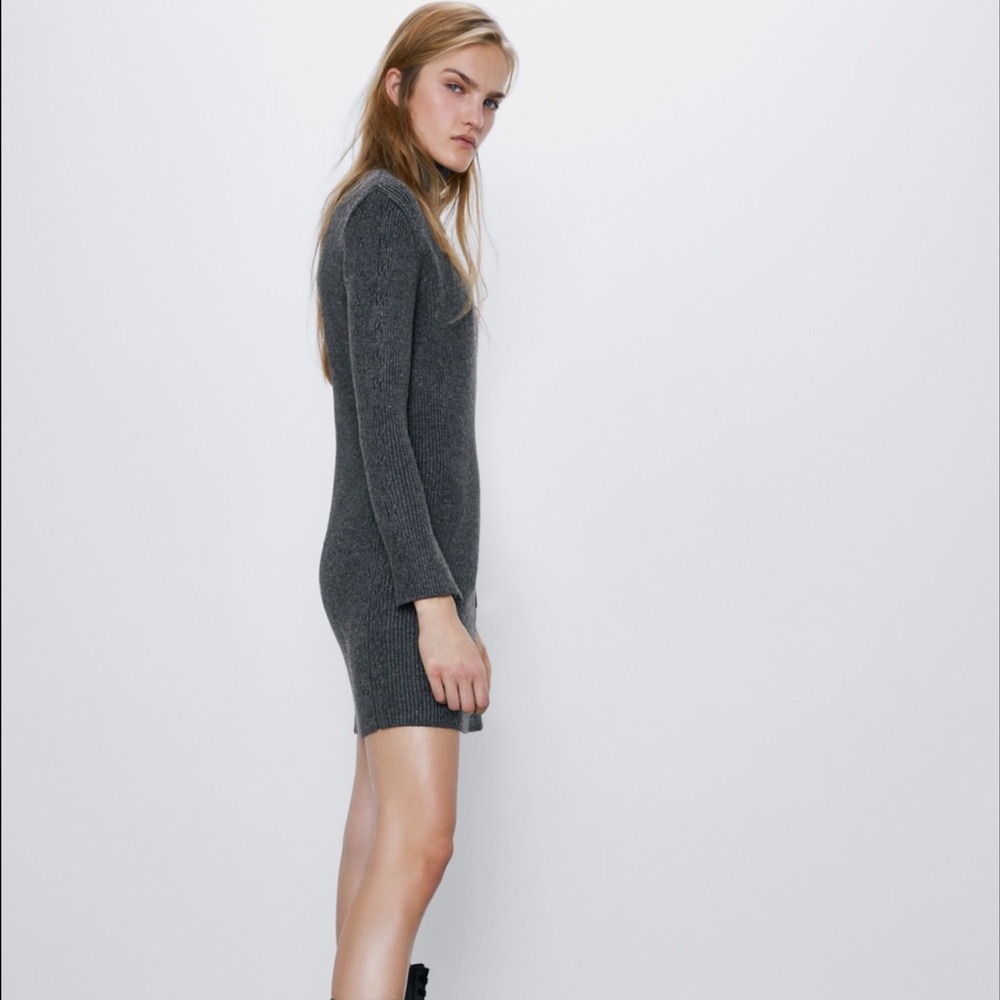 Zara Ribbed Braided Turtleneck Dress Gray Size M - Picture 11 of 12
